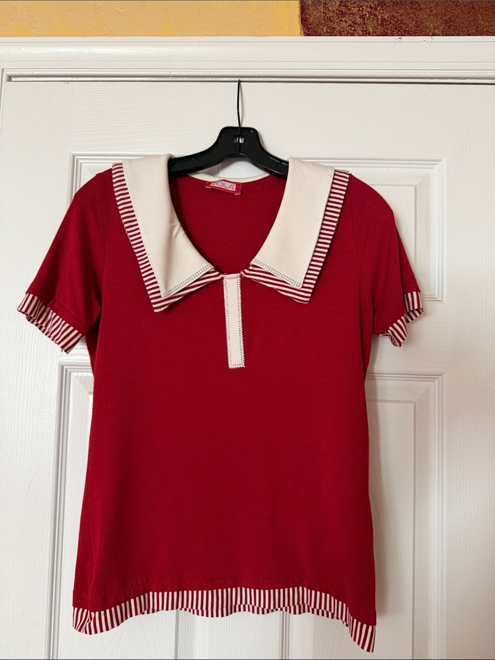 Red Short-Sleeve Top with Cream Sailor Collar